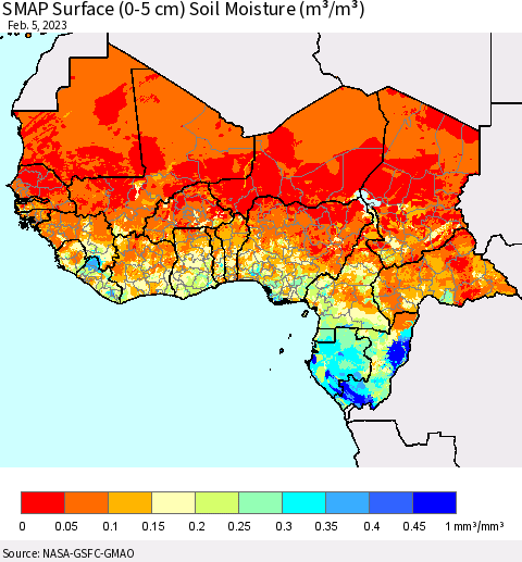 Western Africa SMAP Surface (0-5 cm) Soil Moisture (m³/m³) Thematic Map For 2/1/2023 - 2/5/2023