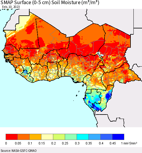 Western Africa SMAP Surface (0-5 cm) Soil Moisture (m³/m³) Thematic Map For 2/6/2023 - 2/10/2023