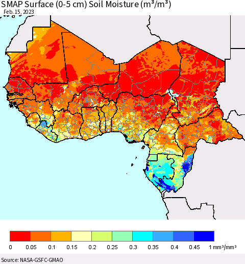 Western Africa SMAP Surface (0-5 cm) Soil Moisture (m³/m³) Thematic Map For 2/11/2023 - 2/15/2023
