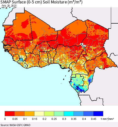 Western Africa SMAP Surface (0-5 cm) Soil Moisture (m³/m³) Thematic Map For 2/16/2023 - 2/20/2023