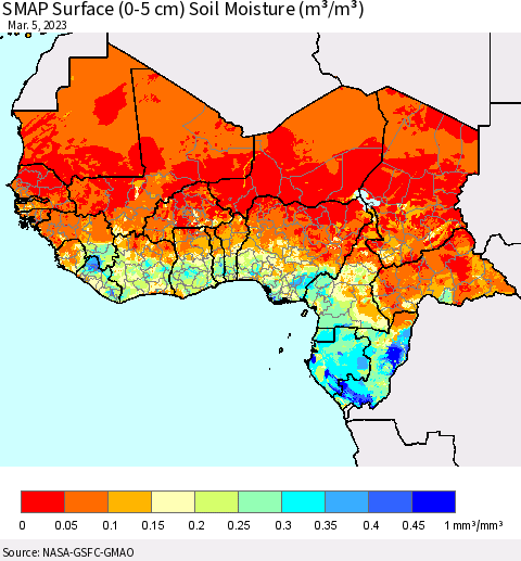 Western Africa SMAP Surface (0-5 cm) Soil Moisture (m³/m³) Thematic Map For 3/1/2023 - 3/5/2023