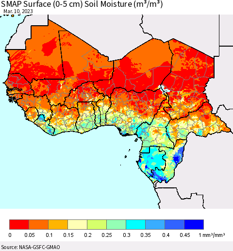 Western Africa SMAP Surface (0-5 cm) Soil Moisture (m³/m³) Thematic Map For 3/6/2023 - 3/10/2023