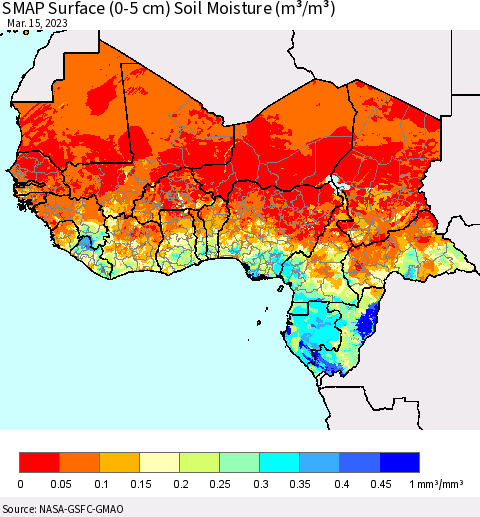 Western Africa SMAP Surface (0-5 cm) Soil Moisture (m³/m³) Thematic Map For 3/11/2023 - 3/15/2023