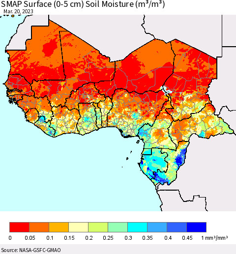 Western Africa SMAP Surface (0-5 cm) Soil Moisture (m³/m³) Thematic Map For 3/16/2023 - 3/20/2023