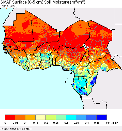 Western Africa SMAP Surface (0-5 cm) Soil Moisture (m³/m³) Thematic Map For 4/1/2023 - 4/5/2023