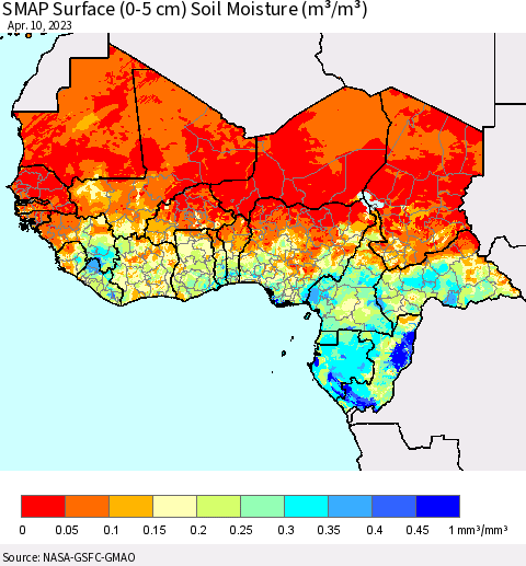 Western Africa SMAP Surface (0-5 cm) Soil Moisture (m³/m³) Thematic Map For 4/6/2023 - 4/10/2023