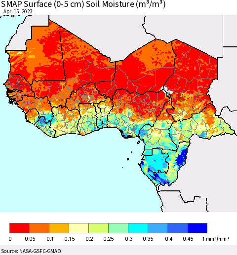 Western Africa SMAP Surface (0-5 cm) Soil Moisture (m³/m³) Thematic Map For 4/11/2023 - 4/15/2023