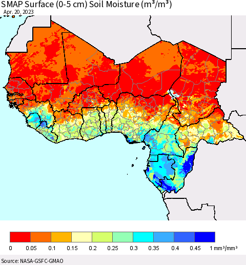 Western Africa SMAP Surface (0-5 cm) Soil Moisture (m³/m³) Thematic Map For 4/16/2023 - 4/20/2023
