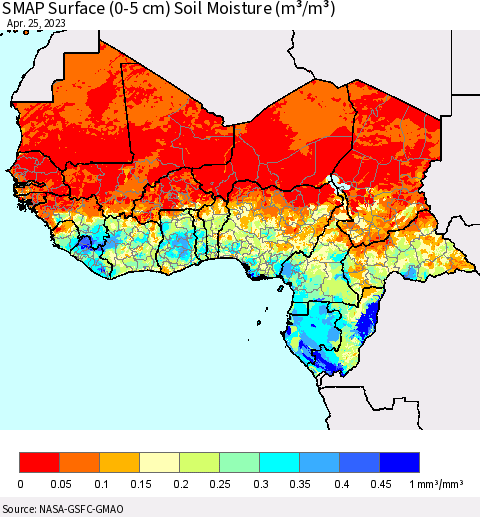 Western Africa SMAP Surface (0-5 cm) Soil Moisture (m³/m³) Thematic Map For 4/21/2023 - 4/25/2023