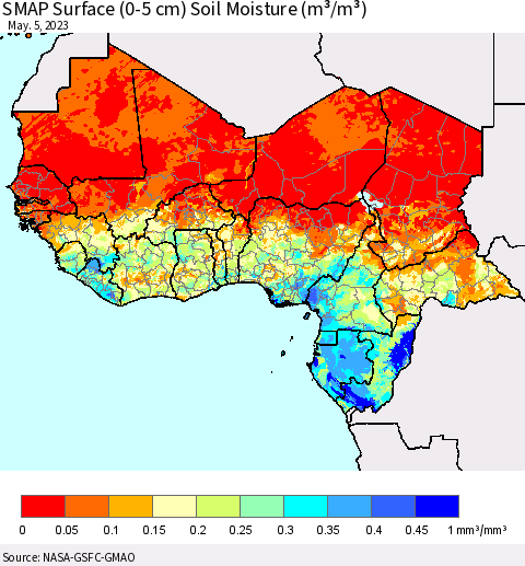 Western Africa SMAP Surface (0-5 cm) Soil Moisture (m³/m³) Thematic Map For 5/1/2023 - 5/5/2023