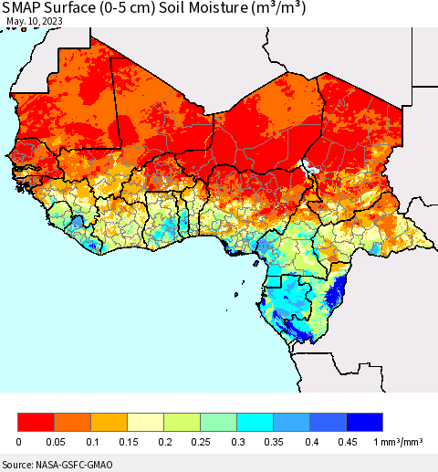Western Africa SMAP Surface (0-5 cm) Soil Moisture (m³/m³) Thematic Map For 5/6/2023 - 5/10/2023