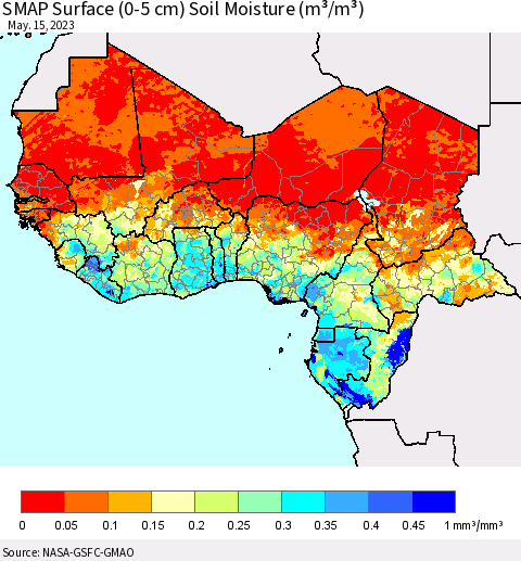 Western Africa SMAP Surface (0-5 cm) Soil Moisture (m³/m³) Thematic Map For 5/11/2023 - 5/15/2023