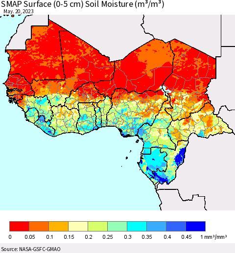 Western Africa SMAP Surface (0-5 cm) Soil Moisture (m³/m³) Thematic Map For 5/16/2023 - 5/20/2023