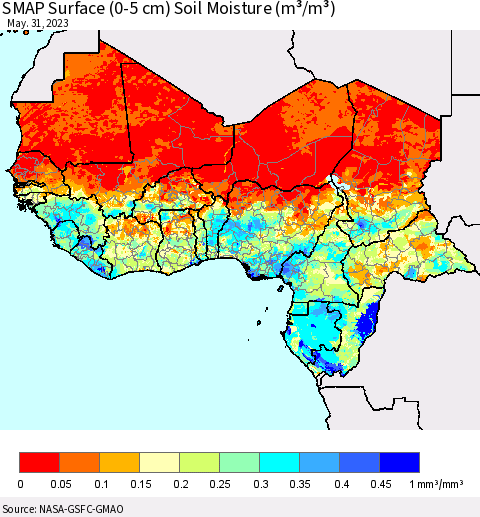 Western Africa SMAP Surface (0-5 cm) Soil Moisture (m³/m³) Thematic Map For 5/26/2023 - 5/31/2023
