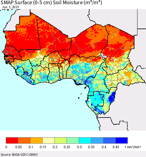 Western Africa SMAP Surface (0-5 cm) Soil Moisture (m³/m³) Thematic Map For 6/1/2023 - 6/5/2023
