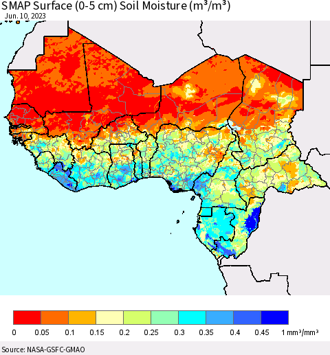 Western Africa SMAP Surface (0-5 cm) Soil Moisture (m³/m³) Thematic Map For 6/6/2023 - 6/10/2023