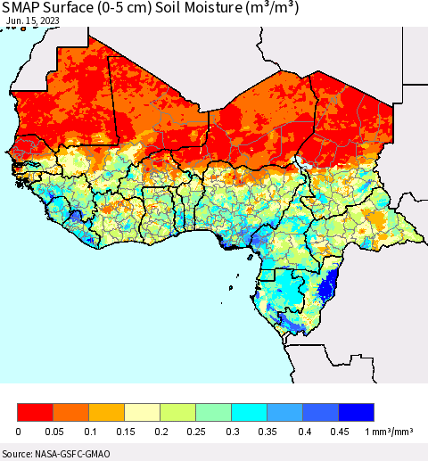 Western Africa SMAP Surface (0-5 cm) Soil Moisture (m³/m³) Thematic Map For 6/11/2023 - 6/15/2023