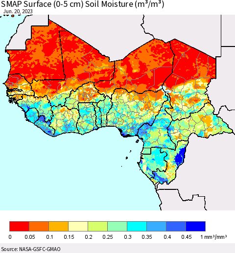 Western Africa SMAP Surface (0-5 cm) Soil Moisture (m³/m³) Thematic Map For 6/16/2023 - 6/20/2023