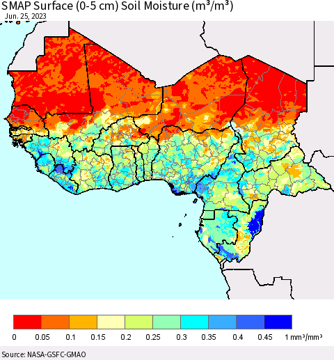 Western Africa SMAP Surface (0-5 cm) Soil Moisture (m³/m³) Thematic Map For 6/21/2023 - 6/25/2023