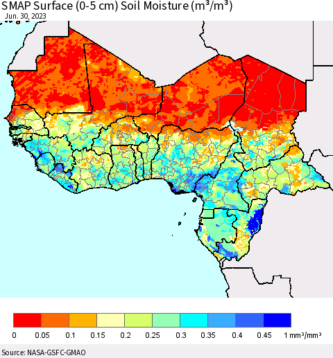 Western Africa SMAP Surface (0-5 cm) Soil Moisture (m³/m³) Thematic Map For 6/26/2023 - 6/30/2023