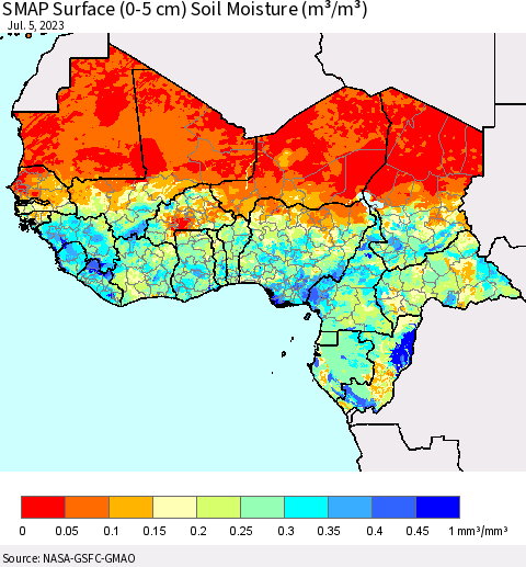 Western Africa SMAP Surface (0-5 cm) Soil Moisture (m³/m³) Thematic Map For 7/1/2023 - 7/5/2023