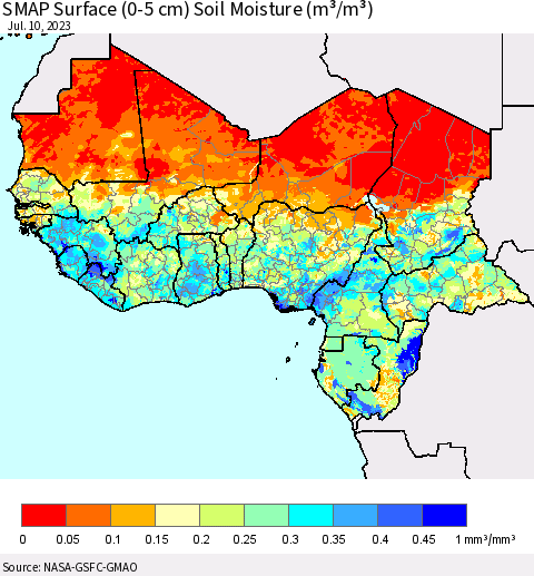Western Africa SMAP Surface (0-5 cm) Soil Moisture (m³/m³) Thematic Map For 7/6/2023 - 7/10/2023
