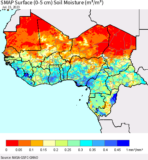 Western Africa SMAP Surface (0-5 cm) Soil Moisture (m³/m³) Thematic Map For 7/11/2023 - 7/15/2023