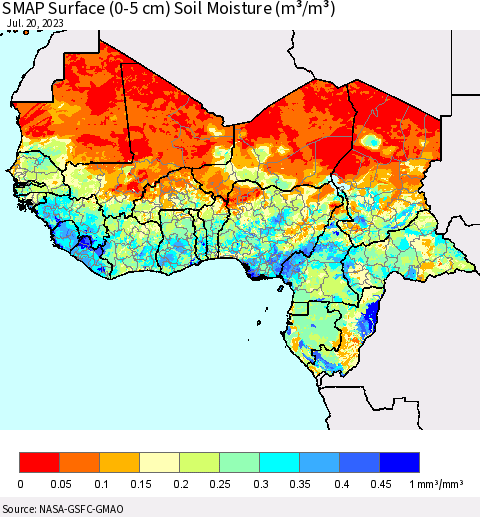 Western Africa SMAP Surface (0-5 cm) Soil Moisture (m³/m³) Thematic Map For 7/16/2023 - 7/20/2023