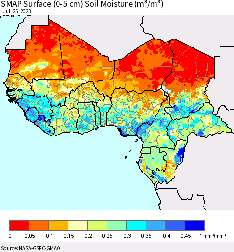 Western Africa SMAP Surface (0-5 cm) Soil Moisture (m³/m³) Thematic Map For 7/21/2023 - 7/25/2023
