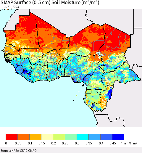 Western Africa SMAP Surface (0-5 cm) Soil Moisture (m³/m³) Thematic Map For 7/26/2023 - 7/31/2023