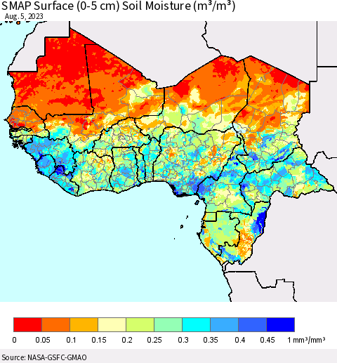Western Africa SMAP Surface (0-5 cm) Soil Moisture (m³/m³) Thematic Map For 8/1/2023 - 8/5/2023
