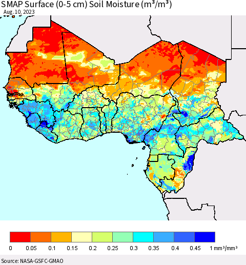 Western Africa SMAP Surface (0-5 cm) Soil Moisture (m³/m³) Thematic Map For 8/6/2023 - 8/10/2023