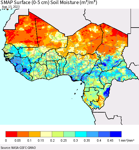 Western Africa SMAP Surface (0-5 cm) Soil Moisture (m³/m³) Thematic Map For 8/11/2023 - 8/15/2023