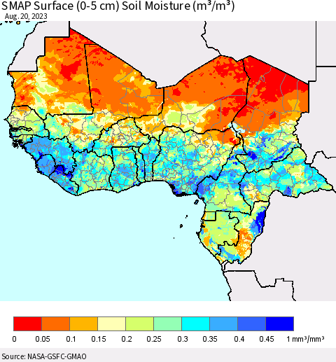 Western Africa SMAP Surface (0-5 cm) Soil Moisture (m³/m³) Thematic Map For 8/16/2023 - 8/20/2023