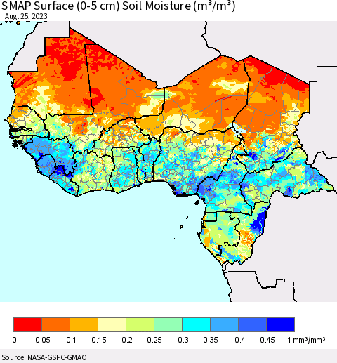 Western Africa SMAP Surface (0-5 cm) Soil Moisture (m³/m³) Thematic Map For 8/21/2023 - 8/25/2023