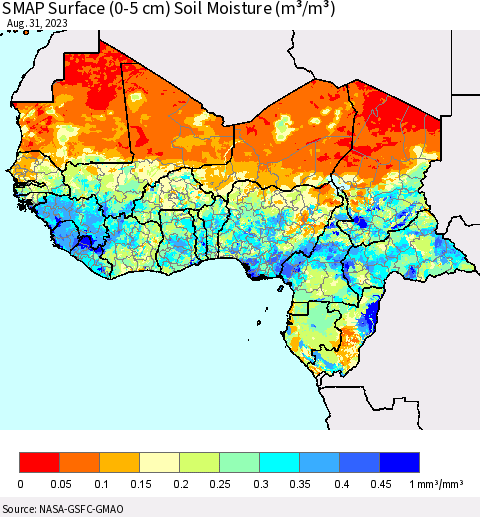 Western Africa SMAP Surface (0-5 cm) Soil Moisture (m³/m³) Thematic Map For 8/26/2023 - 8/31/2023