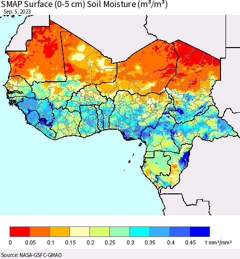 Western Africa SMAP Surface (0-5 cm) Soil Moisture (m³/m³) Thematic Map For 9/1/2023 - 9/5/2023
