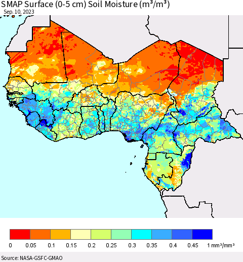 Western Africa SMAP Surface (0-5 cm) Soil Moisture (m³/m³) Thematic Map For 9/6/2023 - 9/10/2023