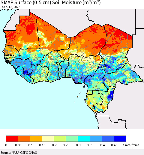 Western Africa SMAP Surface (0-5 cm) Soil Moisture (m³/m³) Thematic Map For 9/11/2023 - 9/15/2023