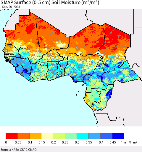 Western Africa SMAP Surface (0-5 cm) Soil Moisture (m³/m³) Thematic Map For 9/16/2023 - 9/20/2023