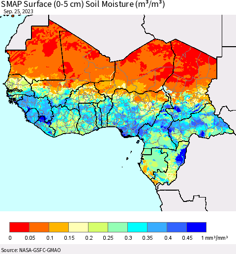 Western Africa SMAP Surface (0-5 cm) Soil Moisture (m³/m³) Thematic Map For 9/21/2023 - 9/25/2023