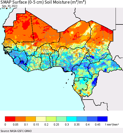 Western Africa SMAP Surface (0-5 cm) Soil Moisture (m³/m³) Thematic Map For 9/26/2023 - 9/30/2023