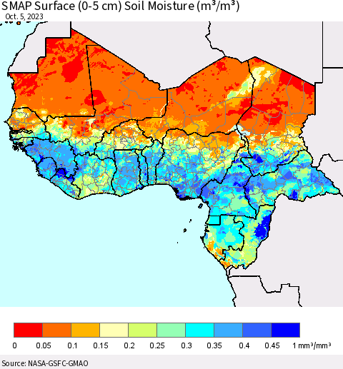 Western Africa SMAP Surface (0-5 cm) Soil Moisture (m³/m³) Thematic Map For 10/1/2023 - 10/5/2023