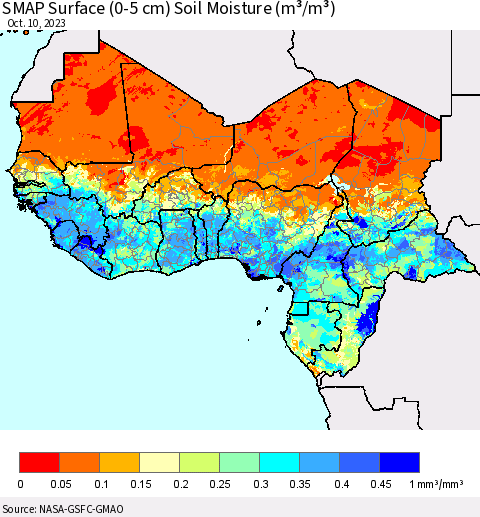 Western Africa SMAP Surface (0-5 cm) Soil Moisture (m³/m³) Thematic Map For 10/6/2023 - 10/10/2023
