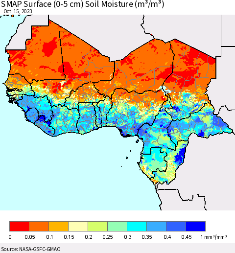 Western Africa SMAP Surface (0-5 cm) Soil Moisture (m³/m³) Thematic Map For 10/11/2023 - 10/15/2023