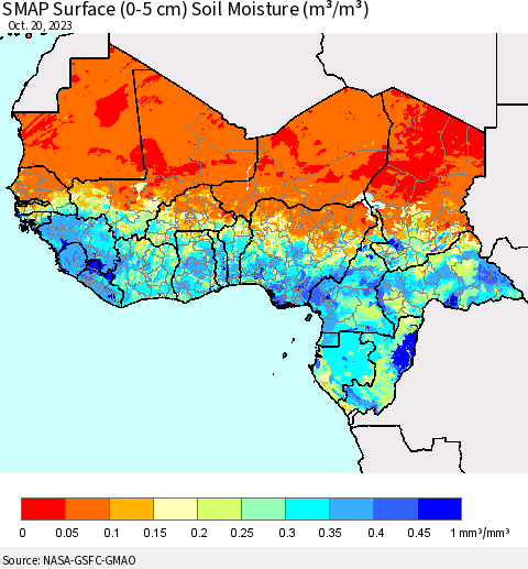 Western Africa SMAP Surface (0-5 cm) Soil Moisture (m³/m³) Thematic Map For 10/16/2023 - 10/20/2023