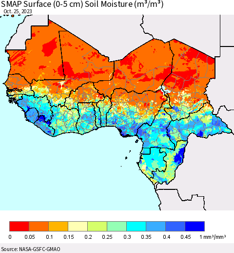 Western Africa SMAP Surface (0-5 cm) Soil Moisture (m³/m³) Thematic Map For 10/21/2023 - 10/25/2023