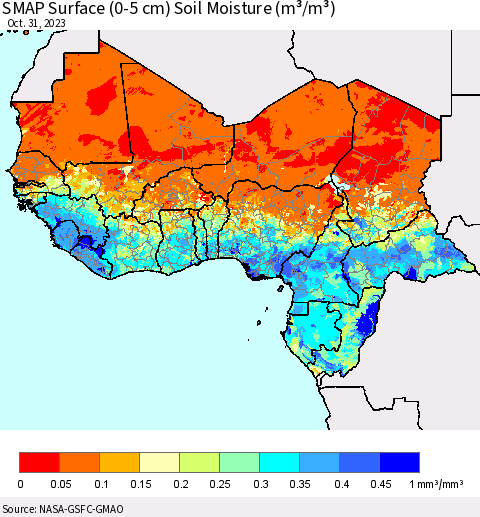 Western Africa SMAP Surface (0-5 cm) Soil Moisture (m³/m³) Thematic Map For 10/26/2023 - 10/31/2023