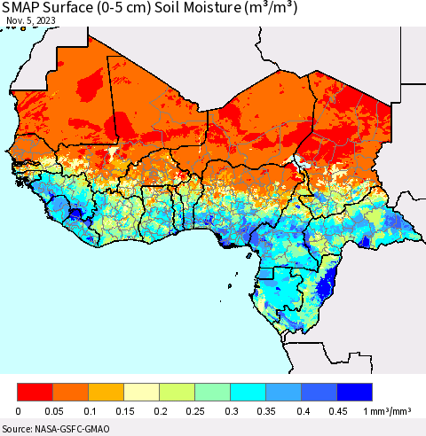 Western Africa SMAP Surface (0-5 cm) Soil Moisture (m³/m³) Thematic Map For 11/1/2023 - 11/5/2023