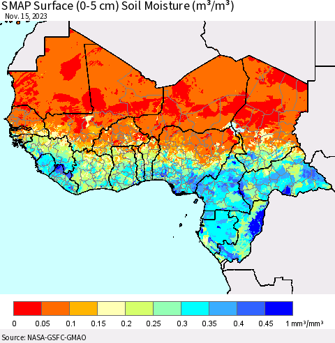 Western Africa SMAP Surface (0-5 cm) Soil Moisture (m³/m³) Thematic Map For 11/11/2023 - 11/15/2023